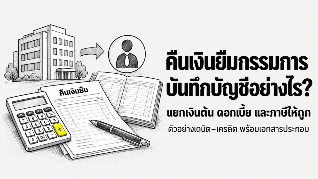 คืนเงินยืมกรรมการ บันทึกบัญชี ภาพสเก็ตช์บริษัทโอนเงินคืนกรรมการ พื้นเทา เส้นดำ และปุ่มบวกสีเหลืองเพียงจุดเดียว