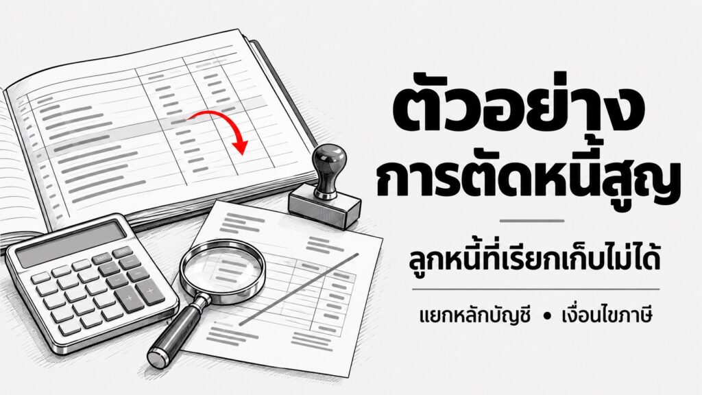 ตัวอย่างการตัดหนี้สูญ ภาพสเก็ตช์บัญชี เครื่องคิดเลข และลูกศรสีแดง