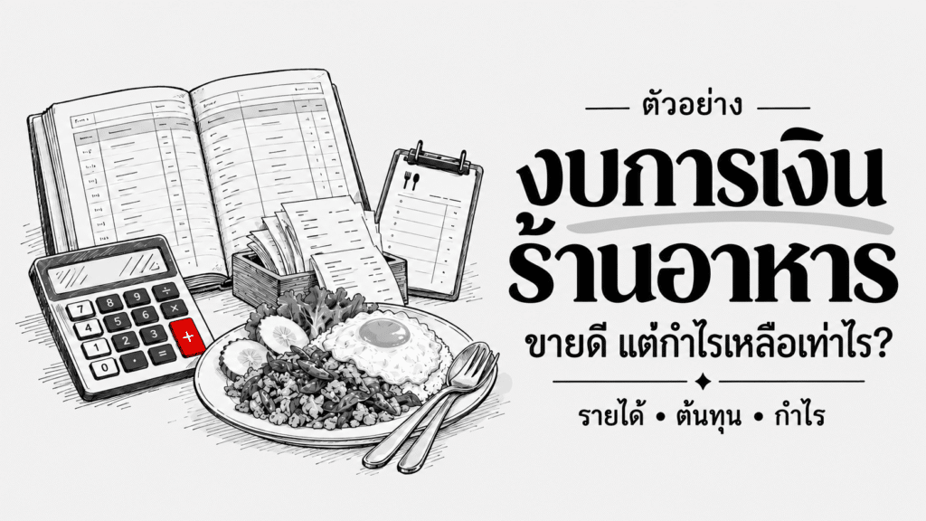 ตัวอย่างงบการเงินร้านอาหาร ภาพสเก็ตช์สมุดบัญชี เครื่องคิดเลข และจานอาหาร