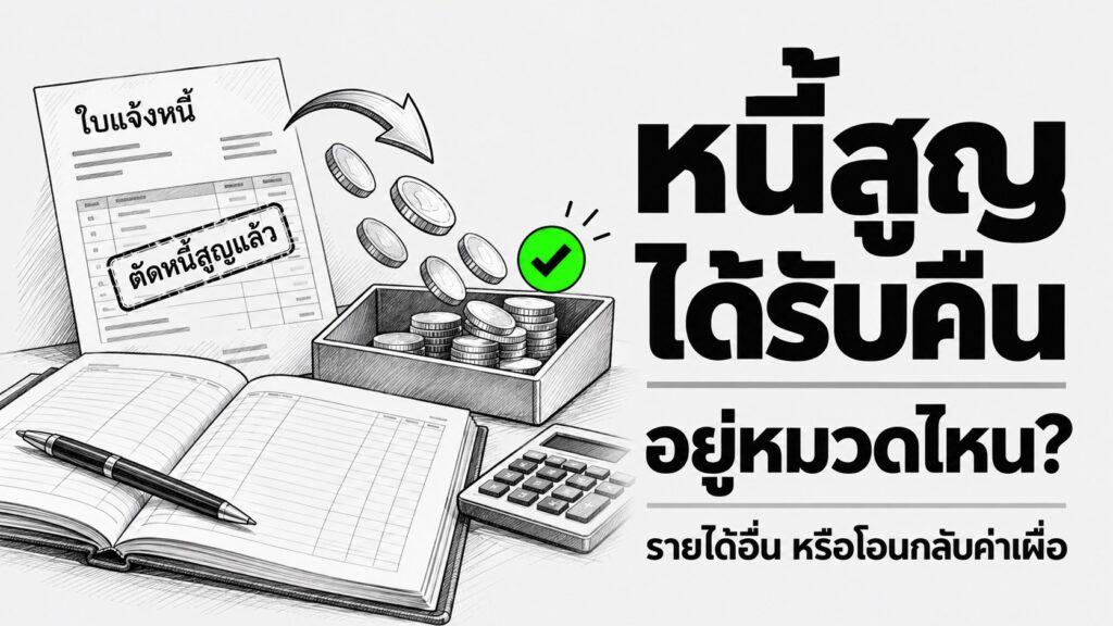 หนี้สูญได้รับคืนอยู่หมวดไหน ภาพสเก็ตช์ใบแจ้งหนี้และบัญชี พร้อมเครื่องหมายถูกสีเขียว
