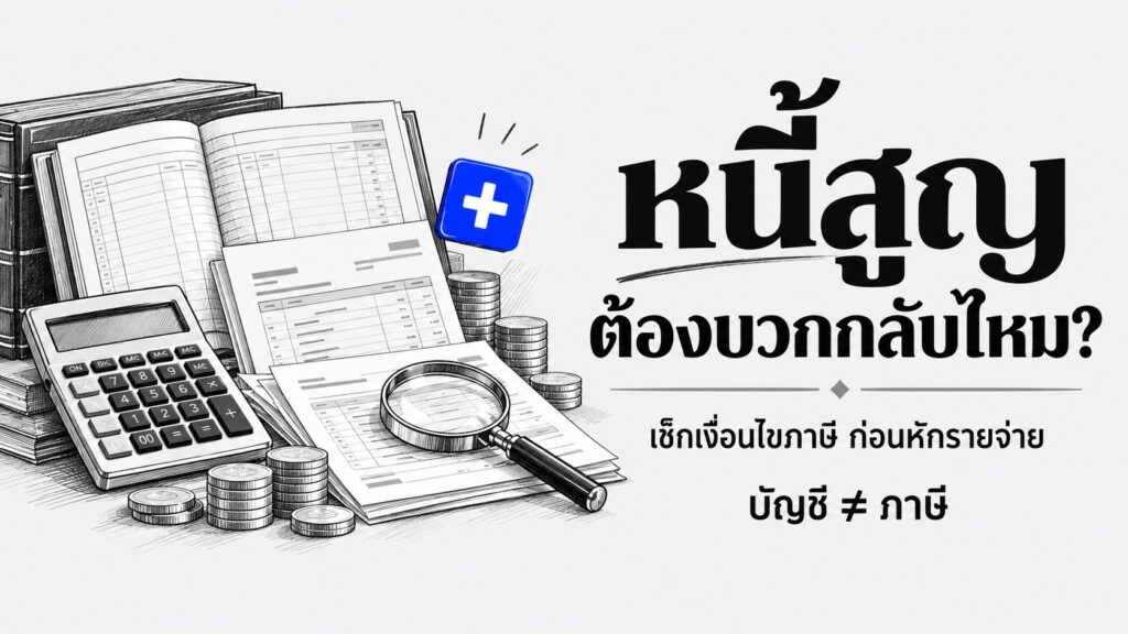 หนี้สูญต้องบวกกลับไหม ภาพสเก็ตช์สมุดบัญชีและเครื่องคิดเลข พร้อมเครื่องหมายบวกสีน้ำเงิน